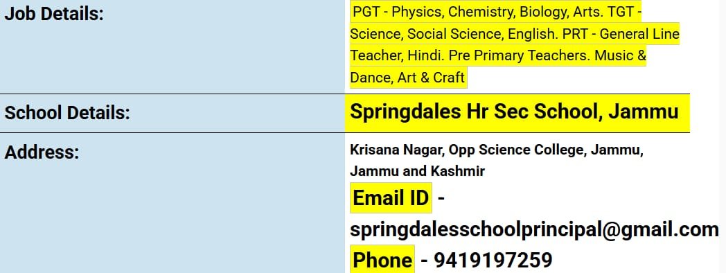 School Jobs at   Springdales Hr Sec School, Jammu ,  Jammu